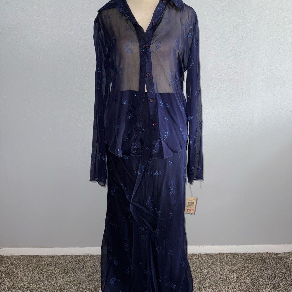XOXO NWT Sheer Navy Blue Button-Up Blouse and Skirt Set